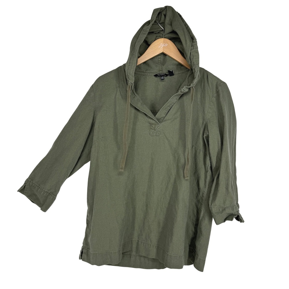 Womens Linen Blend Hoodie Top Olive Green 3/4 Sleeve Medium Earthy Indie Granola